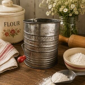 Vintage Bromwell Flour Sifter Metal Green Wood Handle Crank Kitchen Tool Antique